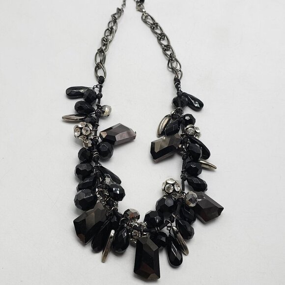 M. Haskell Black Silver Beaded Statement Necklace Rhinestone Accents Chunky Bib - Picture 4 of 7